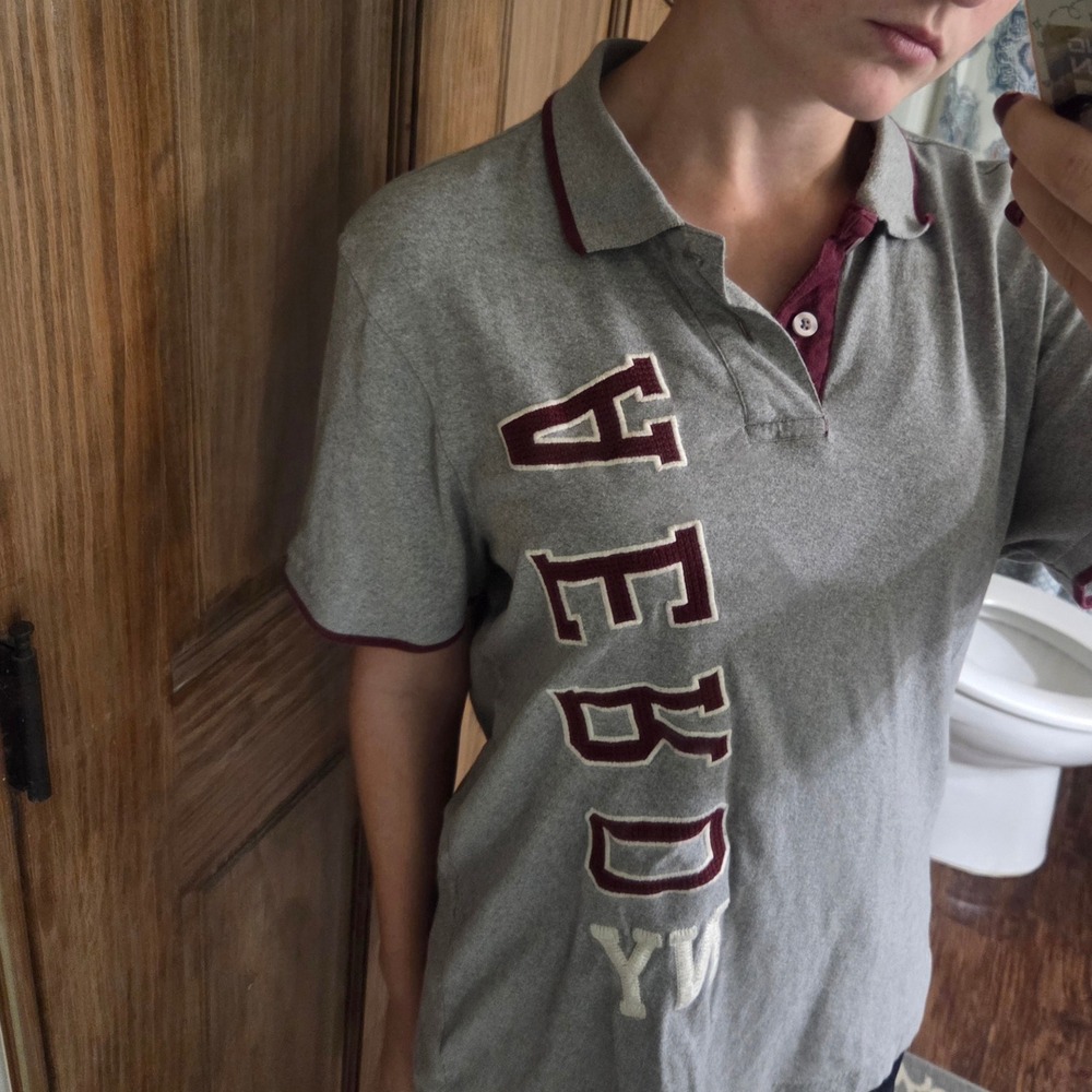 Y2k Aeropostale Mens Large Polo Shirt Gray Burgundy AERO NY Logo Short Sleeve L - Picture 2 of 6